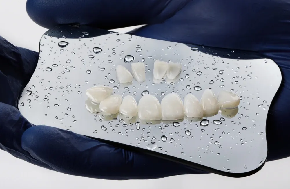 Porcelain veneers resting on a dental mirror.