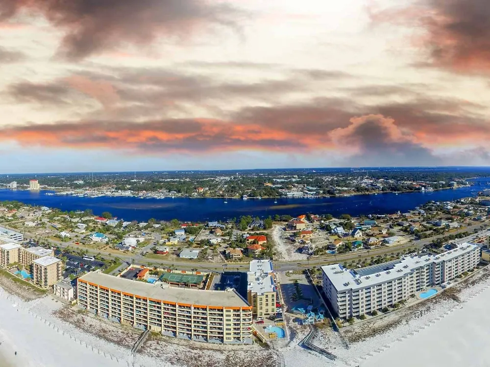 An aerial view of Gulf beachfront and the sound behind it on the Florida Panhandle.