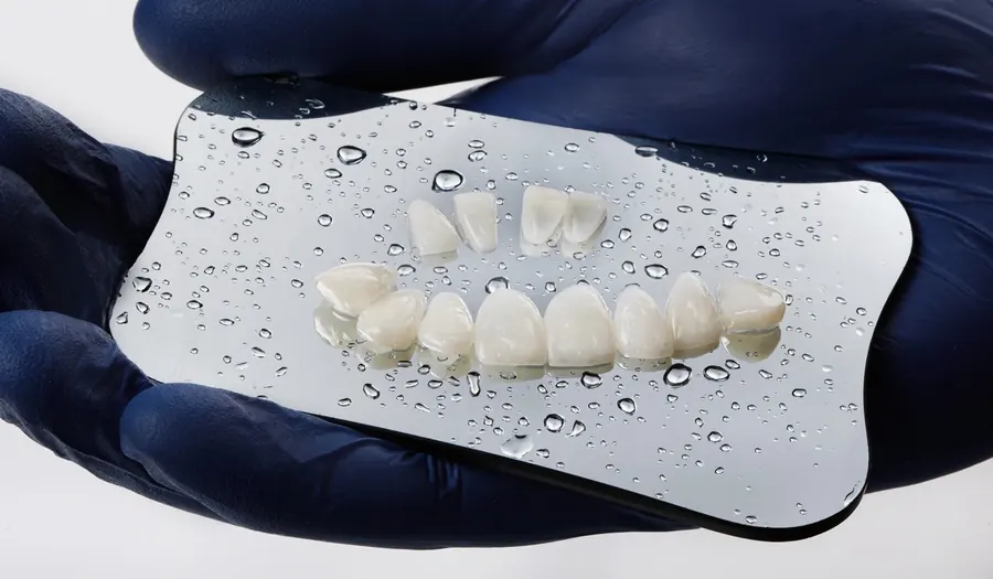 A set of thin porcelain veneers held on a dental mirror.